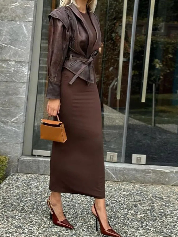 Fashion Leather Woman Short Jacket With Belt Turn Down Collar Long Sleeve Motorcycle Coat Ladies Winter Warm Street Outerwear 241018