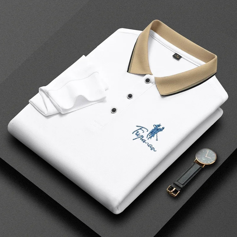 Mens Casual Embroidery Long Sleeve Polo Shirt Fashion Solid Color Top y241025