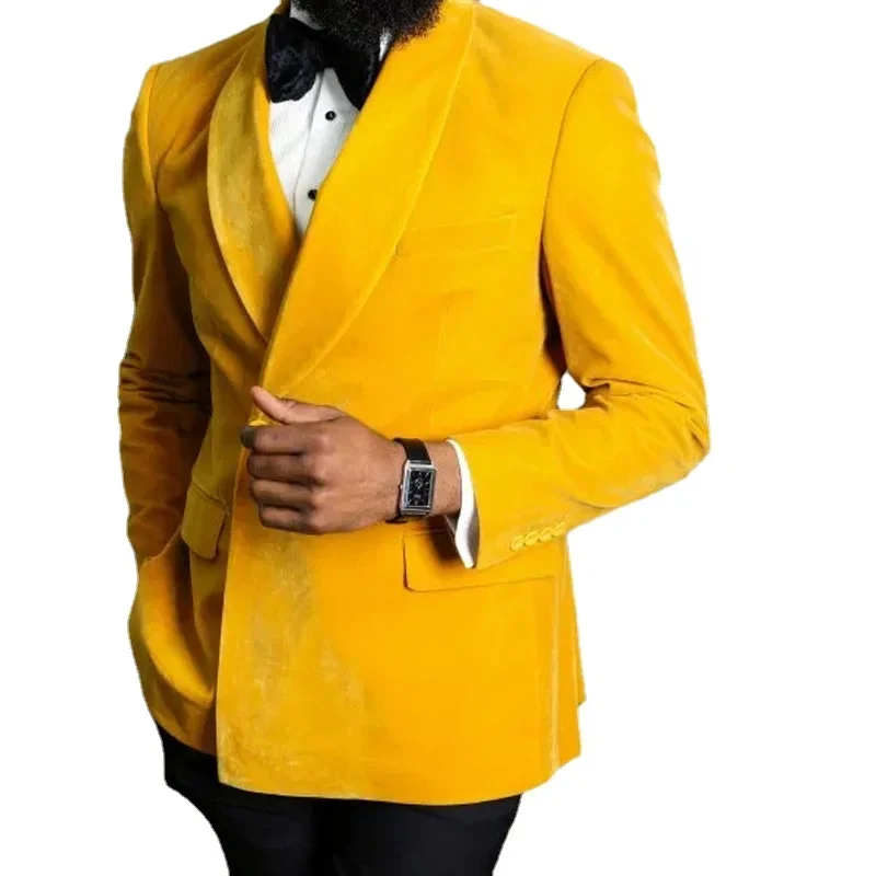 Double Breasted Velvet Suit Jacket for Men African 2024 Wedding Groom Tuxedo Blazer 1 Piece Fashion Yellow Smoking Jacket