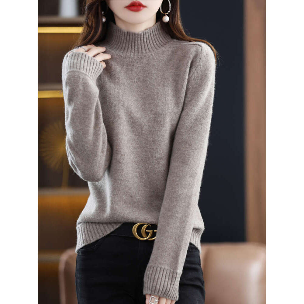 100% Merino Wool Pullover Sweater Women Mock Neck Basic Long Sleeve Autumn Winter Cashmere Knitted Jumper Korean Fashion Tops