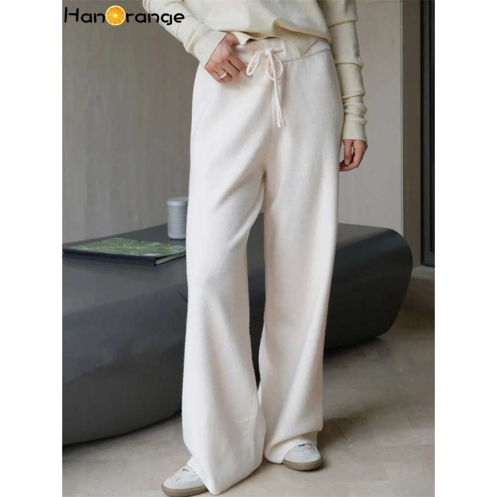Hanorange 2024 Autumn Winter Lazy Straight Knitted Wide Legs Pants Soft Comfortable Or Dragging Trousers Grey/Apricot