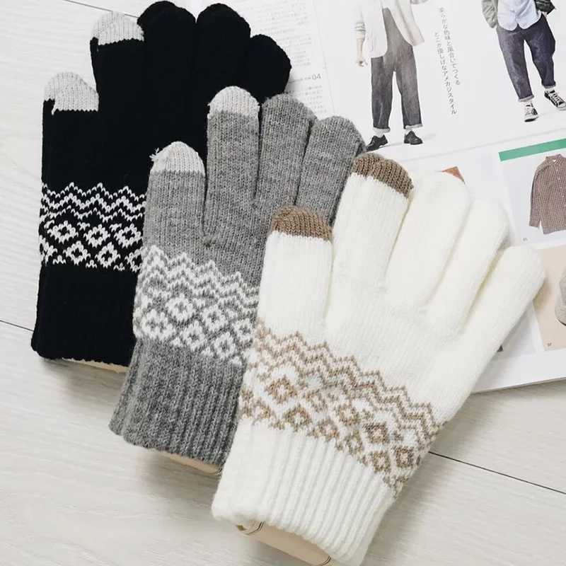 Wool Knitted Winter Gs Womens Touch Screen Warm Elastic Gloves Simulated Wool Full Finger Tube Hook Weaving Luvas Thick W241026