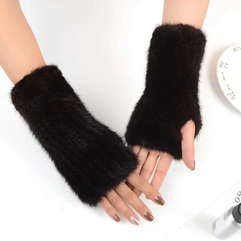 2024 New Style Womens Winter Warm Genuine Mink Knitted Half Finger Gs Girls Typing Gloves W241026