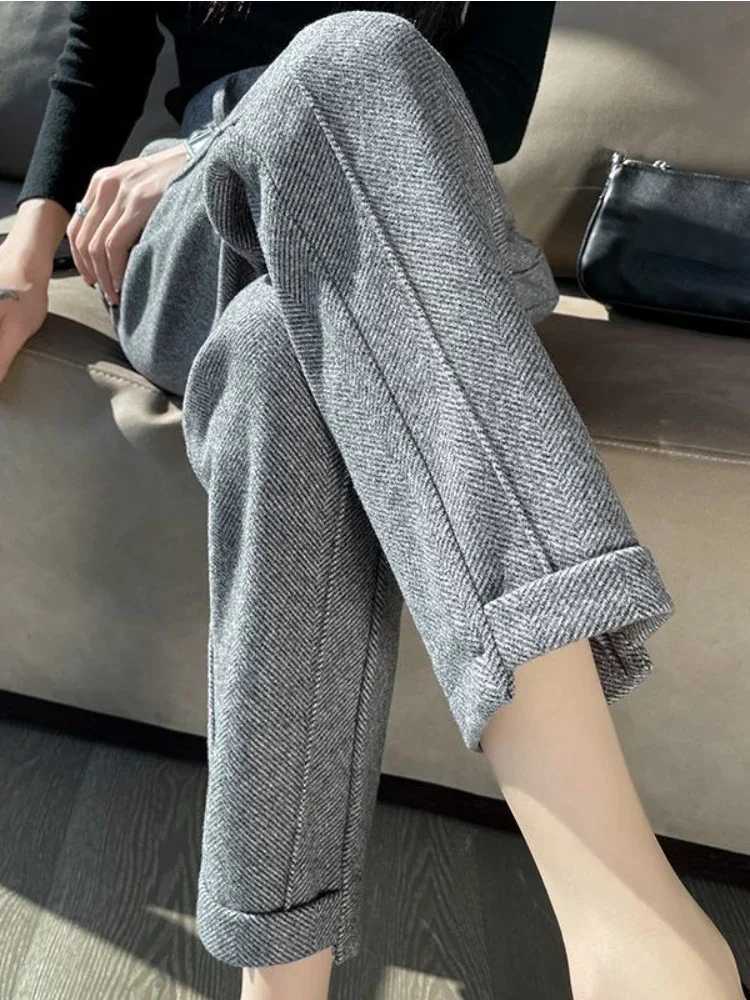 High waisted thick tweed straight pants for autumn and winter new loose casual herringbone warm thick cut pants M241111