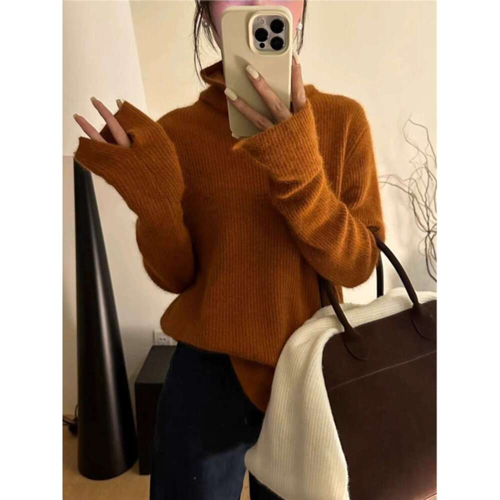 Thick Turtleneck 100% Cashmere Knitwear Women's Autumn And Winter Loose Pile Neck Sweater Pure Wool Base Top