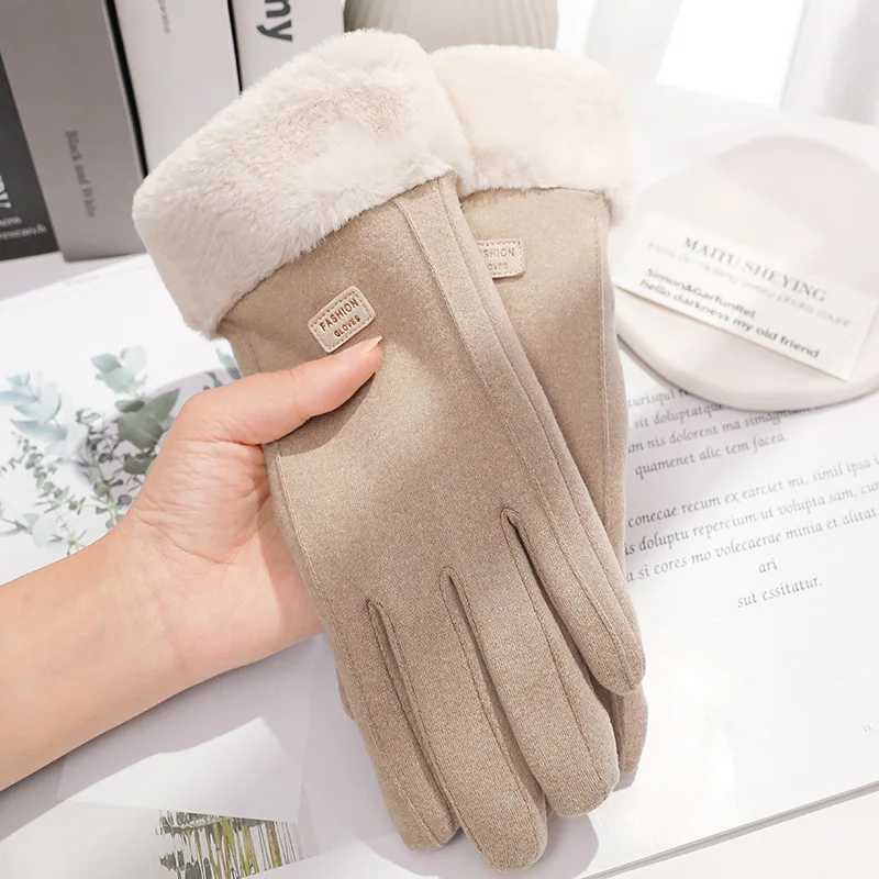 Womens Winter Thick Plush Gs Fashion Warm Suede Outdoor Tube La Touch Screen Driving Gs Sports Bicycle Gloves W241026