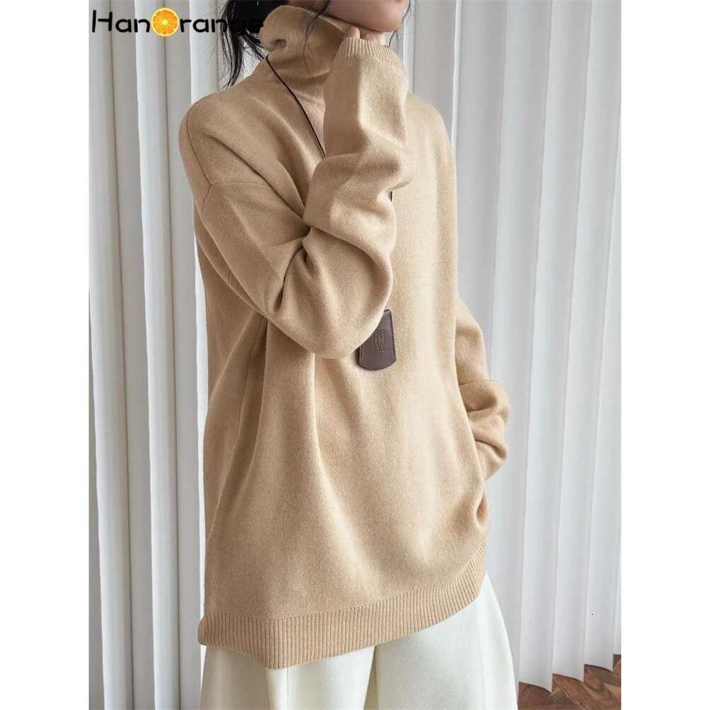 Hanorange 2024 Winter Turtleneck Cotton Cashmere Sweater Women Soft Skin Friendly Loose Top Black/Apricot