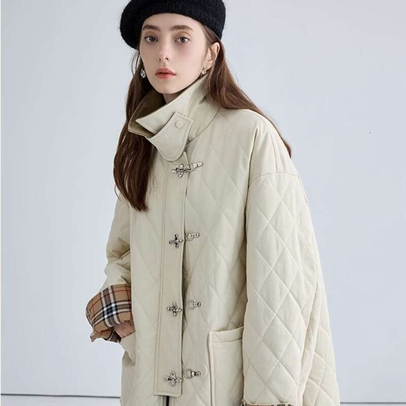 Square Collar Aircraft Button For Women In 2023 Winter Design, With A Patchwork Dia Checkered Cotton Jacket