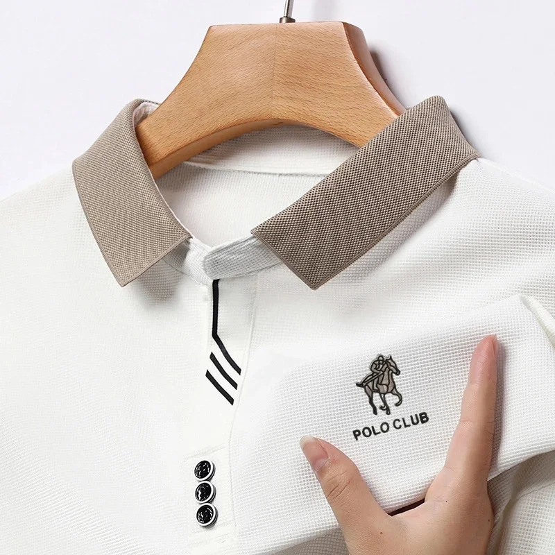 2024 Business Casual Cool Breathable Fabric Men Lapel Polo Shirt Long Sleeve Fashion Tops TShirt M4XL 241025