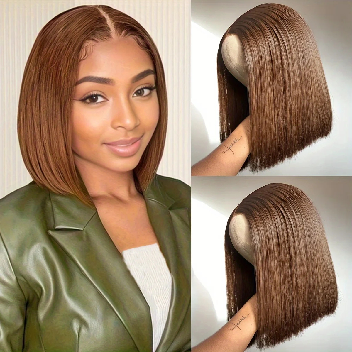 Density 4 Bone Straight Short Bob Human Hair Colored Chocolate Brown Transparent Lace Frontal Wig For Women