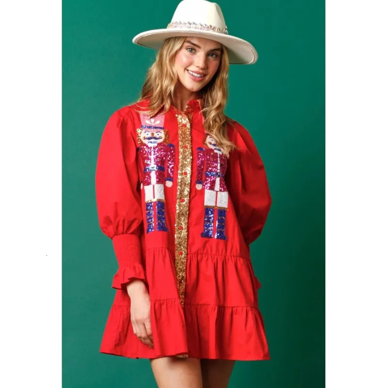 Women Sequin Christmas Shirt Dress Holiday Party Santa Sweatshirt Dresses Long Sleeve Tiered Mini Sundress for Prom Vestido 241025