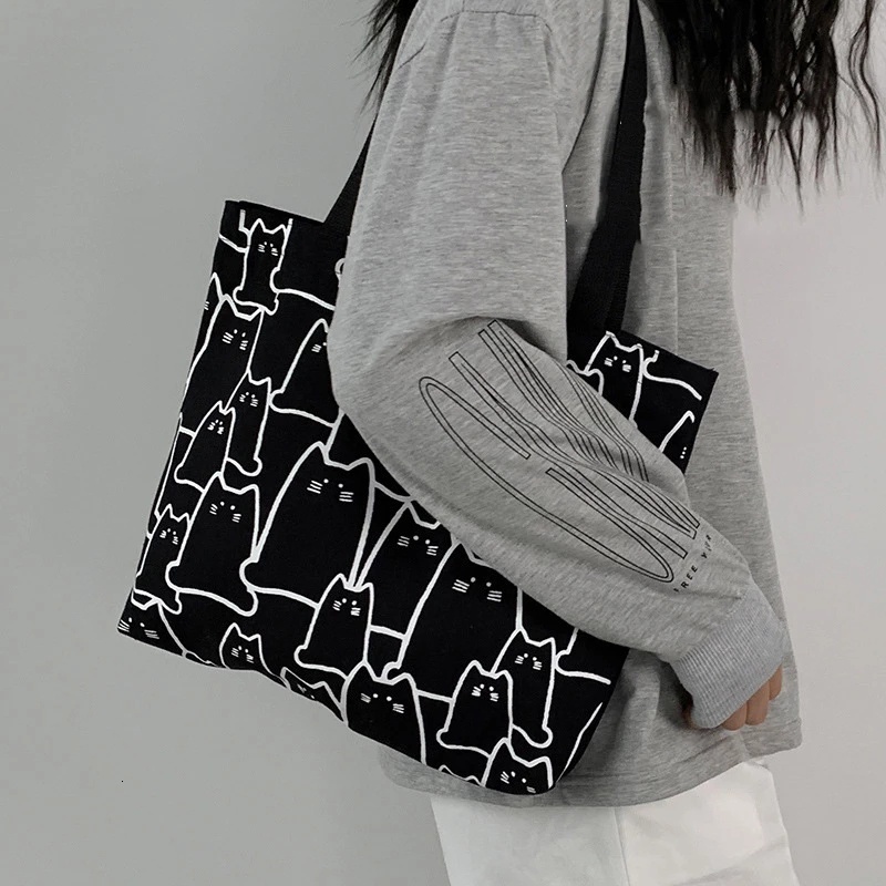 2024 Cute Cat Shopping Designer Handbag Fashion Canvas Casual Shopping Girl Pattern Handbag Japanese Cartoon Small Shoulder Large Capacity Bag