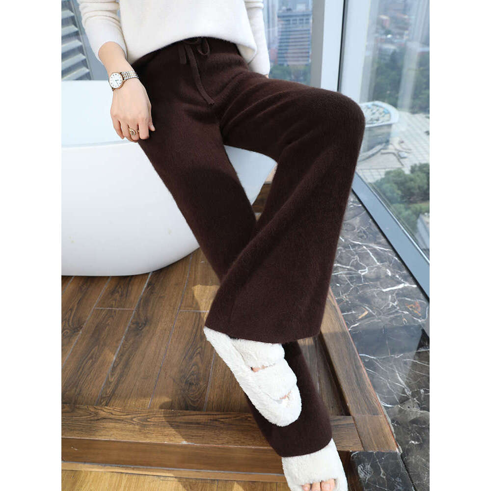 2024 Women 100% Mink Wide-Leg Autumn Winter Warm Cashmere Knitted Pants Elasticated Waist Trousers