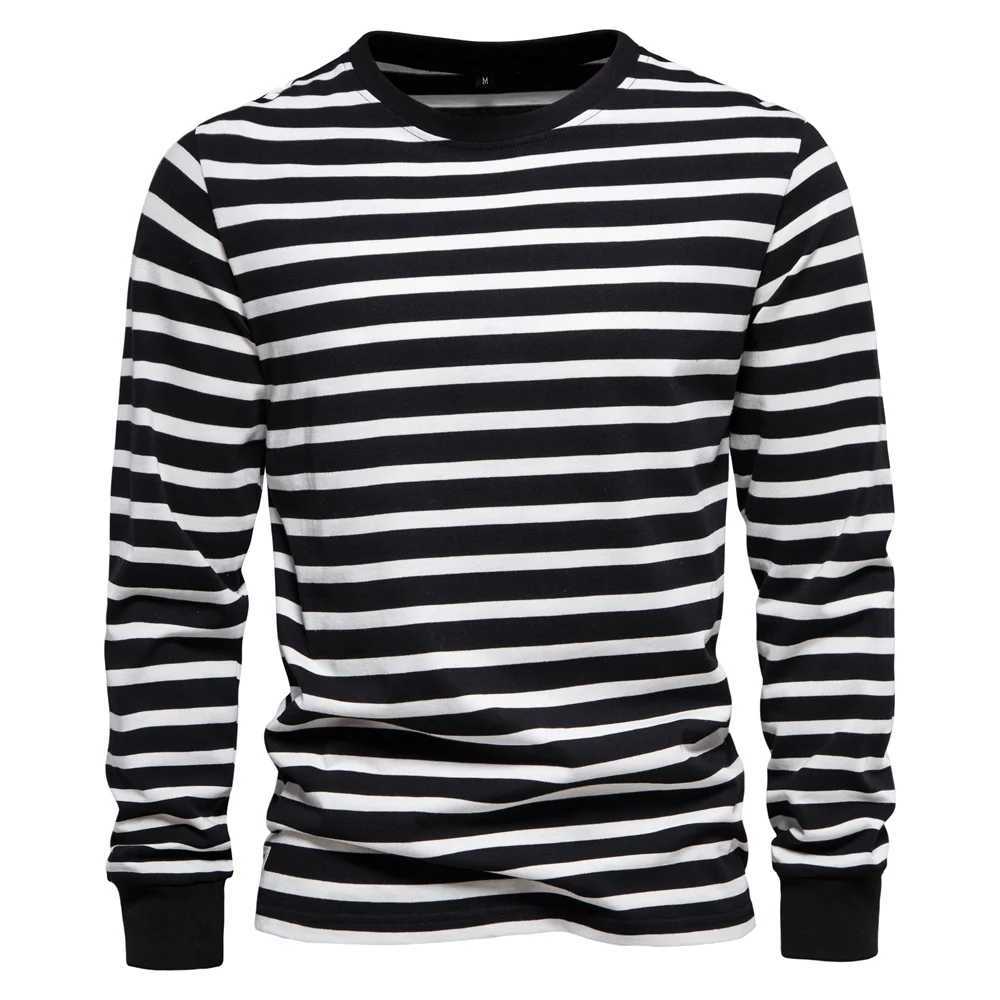 Simple striped printed mens T-shirt fashionable and comfortable cotton long slip casual T-shirt O-neck zipper autumn loose top W241026