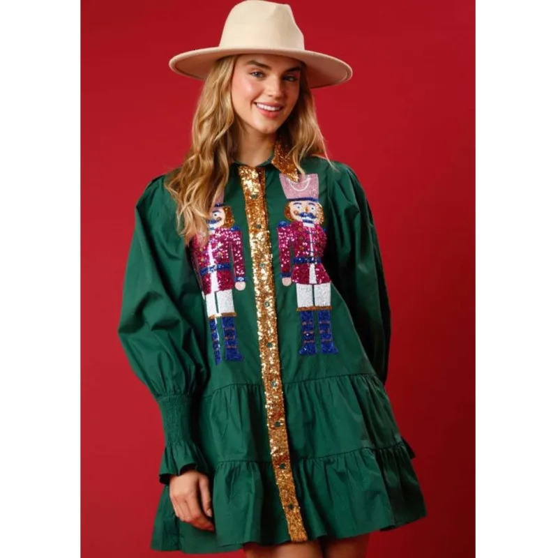 Women Sequin Christmas Shirt Dress Holiday Party Santa Sweatshirt Dresses Long Sleeve Tiered Mini Sundress for Prom Vestido 241025