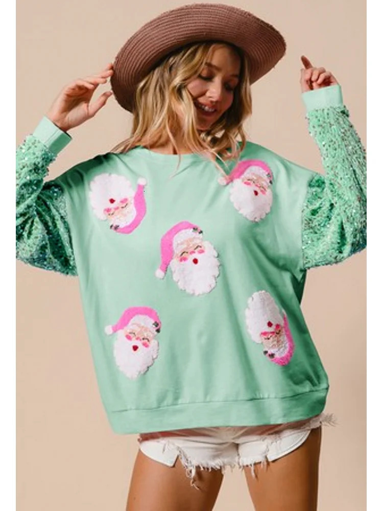 Glitter Patchwork Hoodies Vintage Tshirt Harajuku Slim Long Sleeve Streetwear Women Clothes Christmas Tee Top Autumn Winter 241025