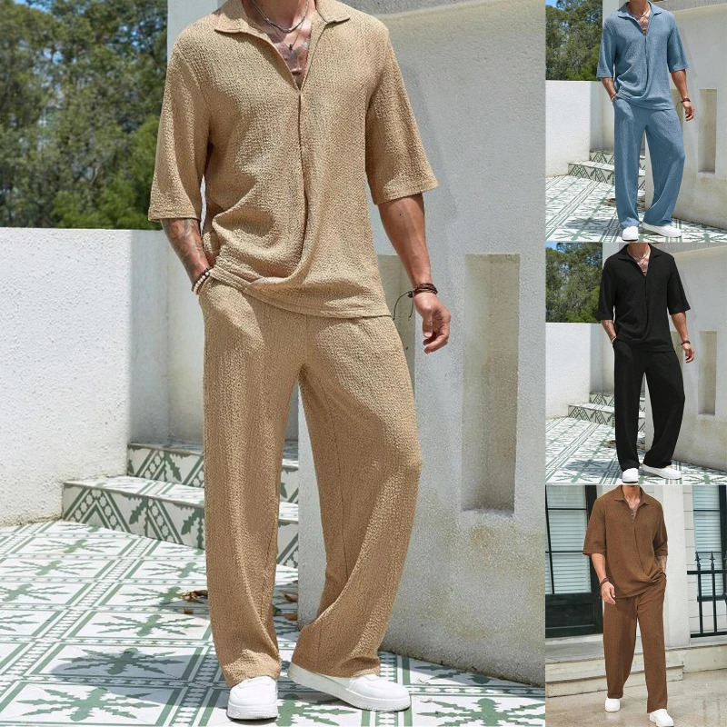 Prowow Mens Set Half Sleeved Shirt and Long Pants Twopiece Turndown Vneck Casual Streetwear Holiday Loose Suit s 241025