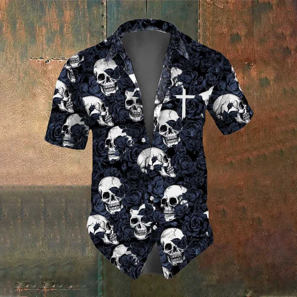 Skeleton Summer Mens Short Sleve Shirt Strt Fashion Top Rose Skull Pattern Mens Casual Oversized Shirt W241026