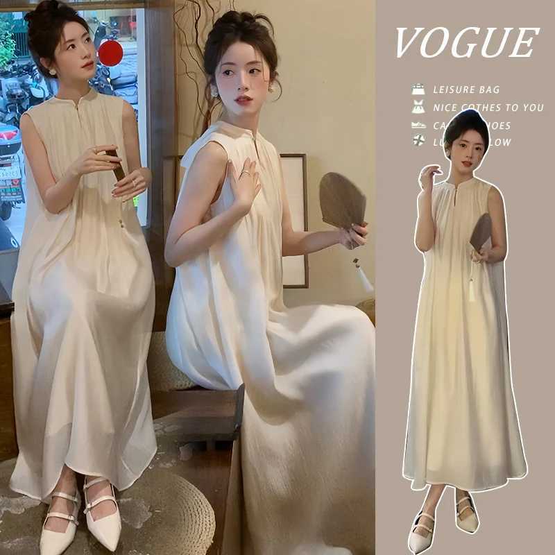 Summer 2024 maternity dress sleeveless Chinese style elegant pleated long dress loose maternity party dress bow W241026