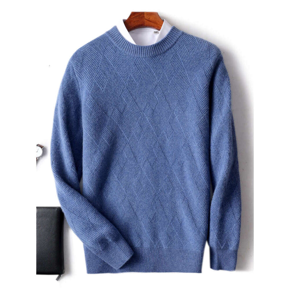 CHICUU Autumn Winter Men's Cashmere Thick O-Neck Pullover 100% Merino Wool Knitwear Cable Knitting Comfy Sweater