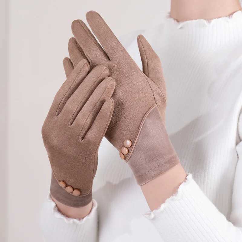 Fashionable and Warm Suede Touchscreen Gs Suitable for Womens Autumn and Winter Warmth Plus Velvet Thickened Outdoor Sports Bicycle Driving Gloves W24