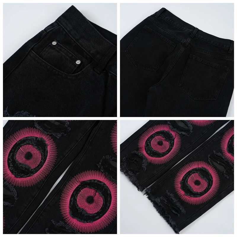 Y2k spandex embroidered open top wide jeans suitable for men washing destroying tearing Flared jeans men Tassels hip-hop jeans loose jeans X241026