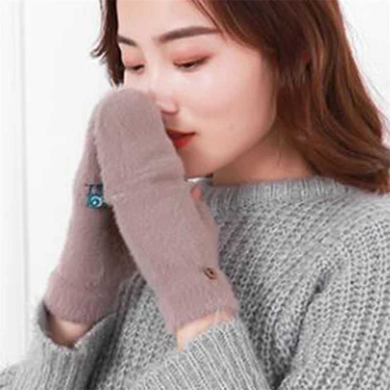 Winter Rabbit Fur Gloves Womens Warmth Gs Femle Girls Flip Plush G Finger Thick Warmth Working Gs Half Finger W241026