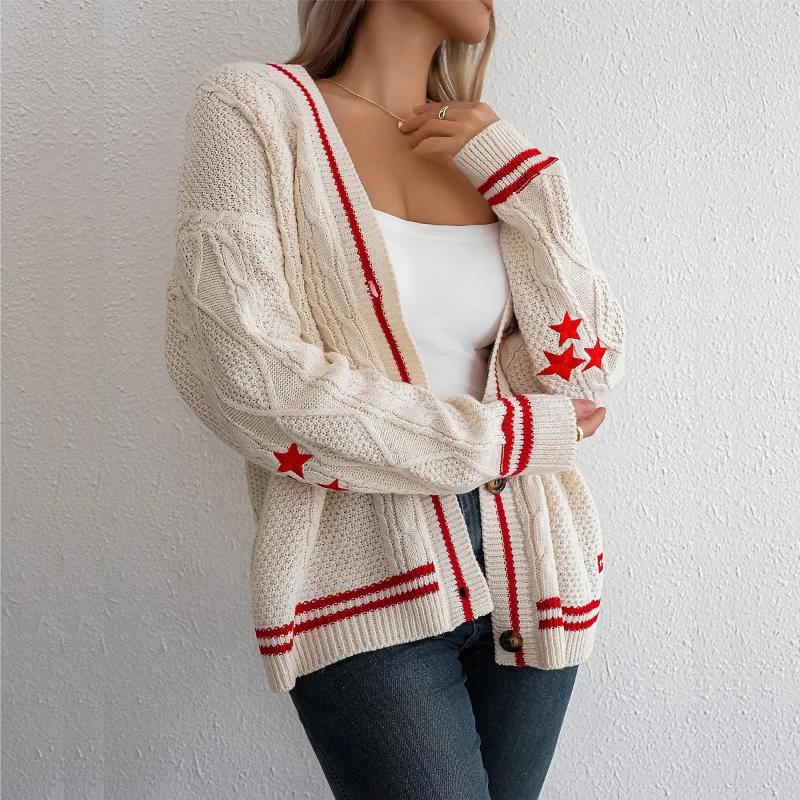 Women's Sweaters Suninbox Autumn And Winter Warm Sweater Cardigan Chic Red Star Embroidery Loose Casual Knitted Women