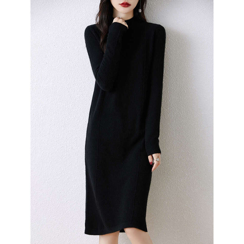 2024 New Women's Long Dresses 100% Merino Wool Autumn Winter Half High Collar Pullover Sweater Skirt Cashmere Knitwear Dress