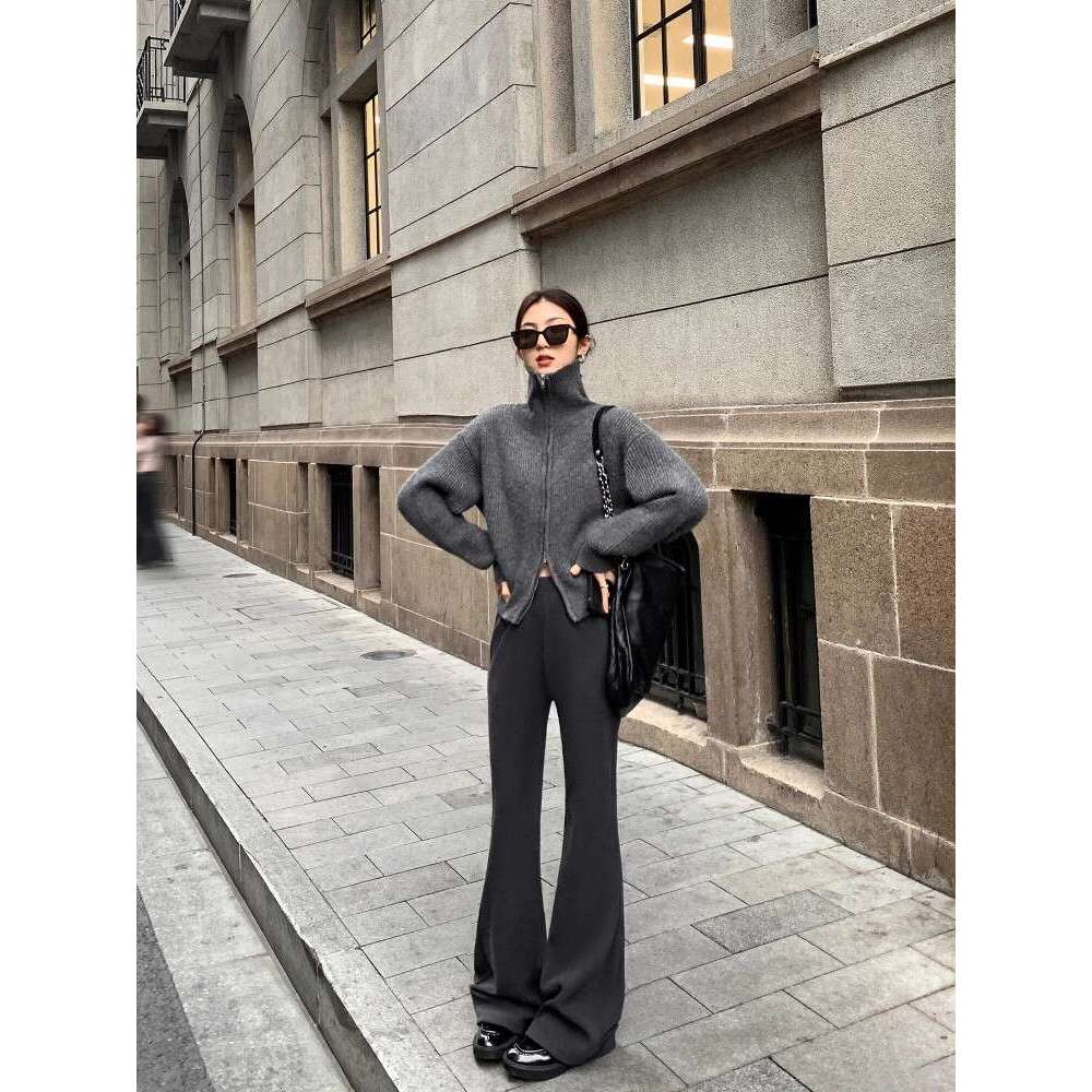 Flip Zipper Sweater Jacket For Women's Autumn And Winter New Versatile High Collar Lazy Style Knitted Cardigan