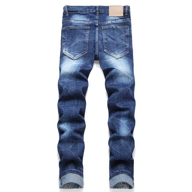 New punk style blue ripped applique embroidered jeans straight leg mid waist stretch mens jeans hip-hop T-shirt X241026