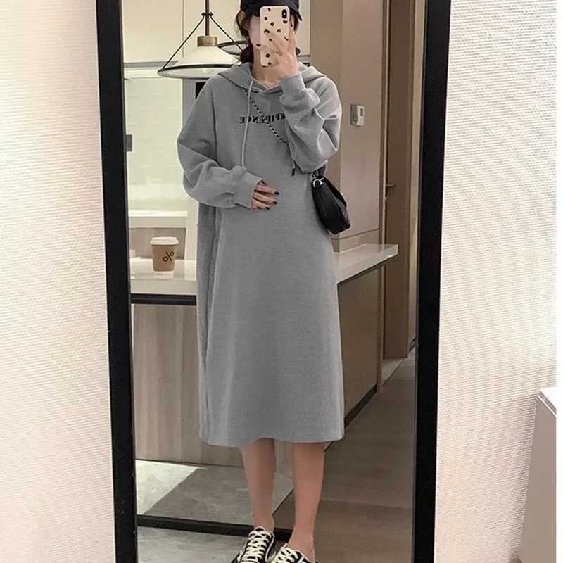 Pregnant Dress Autumn/Winter Pregnant Sweater Hoodie Shoulder Strap Zipper Side Split Pregnant Hoodie Long Sweater W241026
