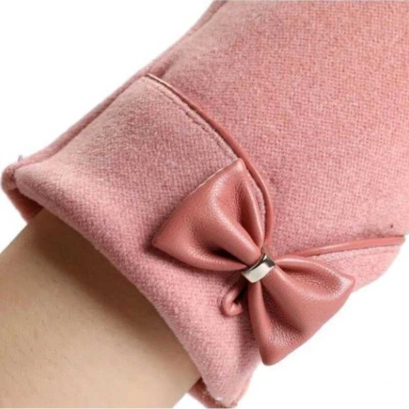 Womens Winter Cashmere Plus Velvet Plush Full Finger Bicycle Warm Gloves Womens PU Leather Bow Touchscreen Driving G H80 W241026