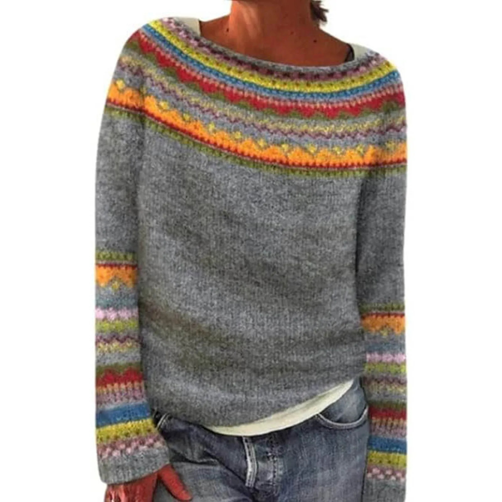Womens printed pullover sweater for winter and autumn casual loose round neck long sleeved knitted jumper color blocked Christmas top 241025