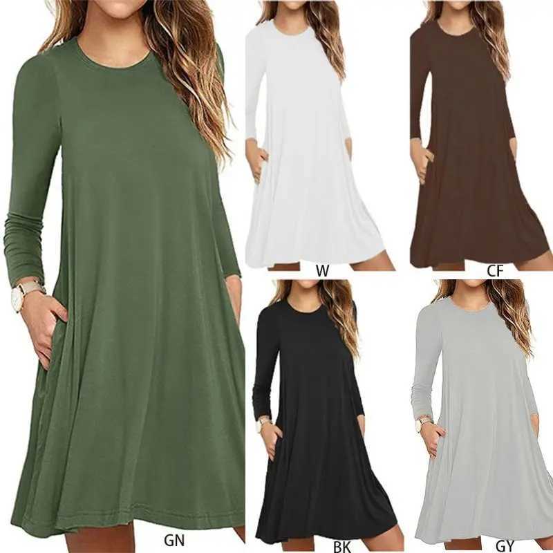 Womens autumn long sleeved round neck flat neck T-shirt dress solid color pleated swing casual loose zipper streetwear with pocket W241026