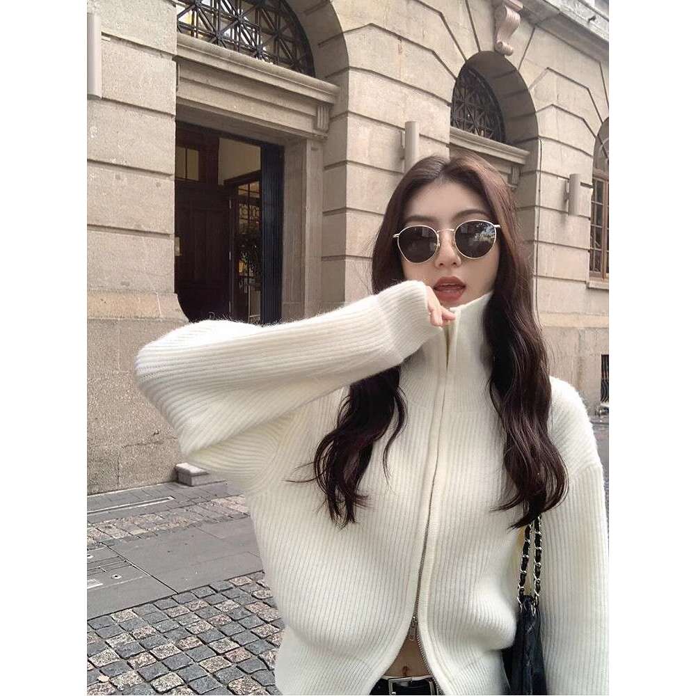 Flip Zipper Sweater Jacket For Women's Autumn And Winter New Versatile High Collar Lazy Style Knitted Cardigan