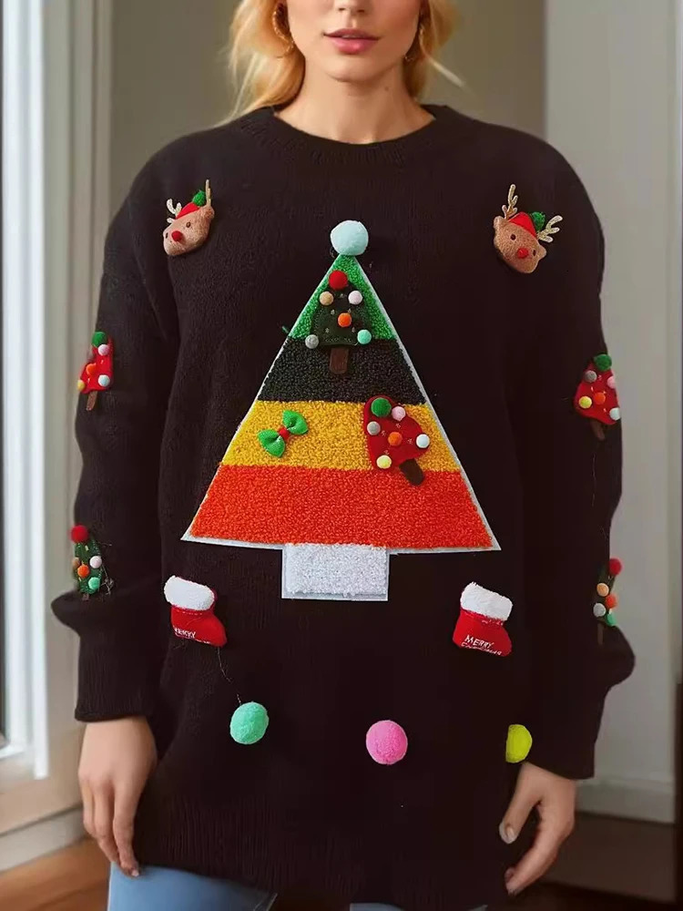 OIINAA Christmas Knitted Sweater Women Oneck Pullover Loose Fashion Autumn Winter Female Long Sleeve Casual Knitwear 241025