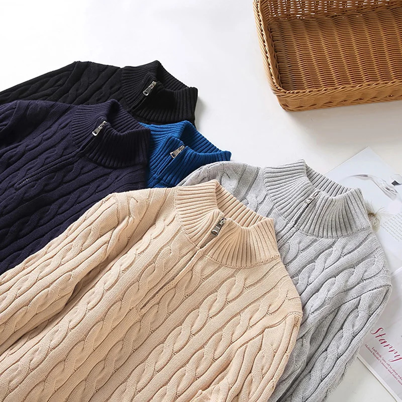 100% pure cotton sweater mens high-quality autumn cable knit Christmas sweater with zipper turtle neck zipper zipper 241024