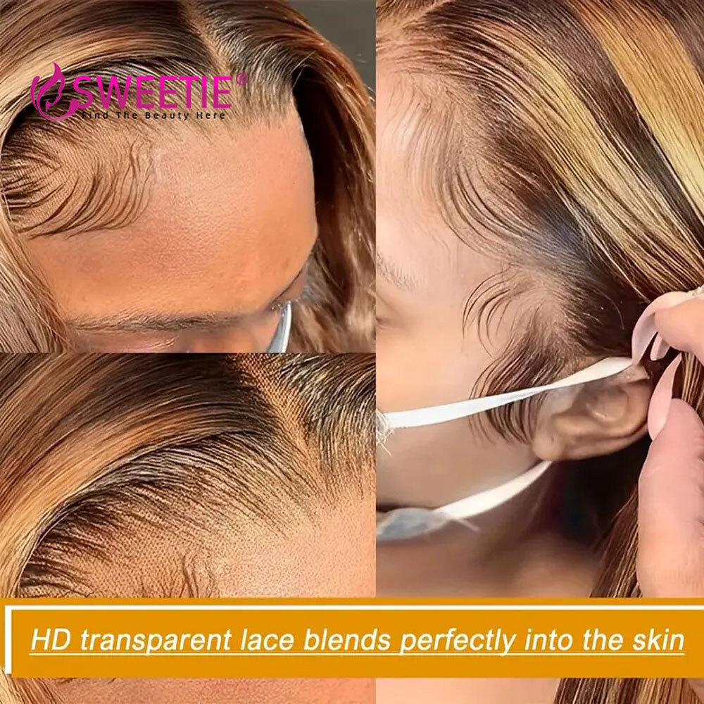 Sweetie Highlight Body Wave P4/27 Colored Ombre Front Human Hair 180% Density Piano Color 13x6 Lace Frontal Wig
