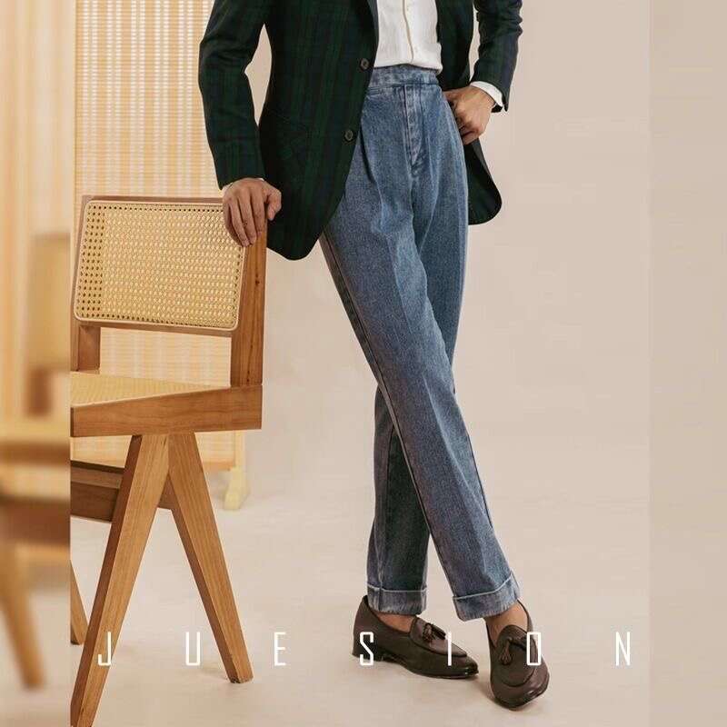 Men's Naples denim pants, English style double pleated waist button pants, business casual retro denim pants, street wear, gentlemen