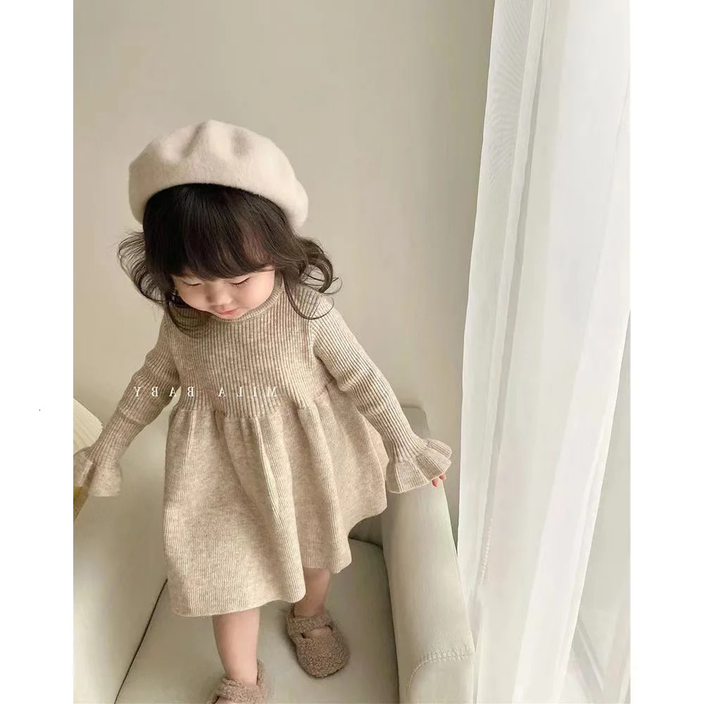 Girls Casual Dresses Children Clothing Woolen Yarn Skirt Winter Knitting Long Sleeved Korean Baby Underlay 241025
