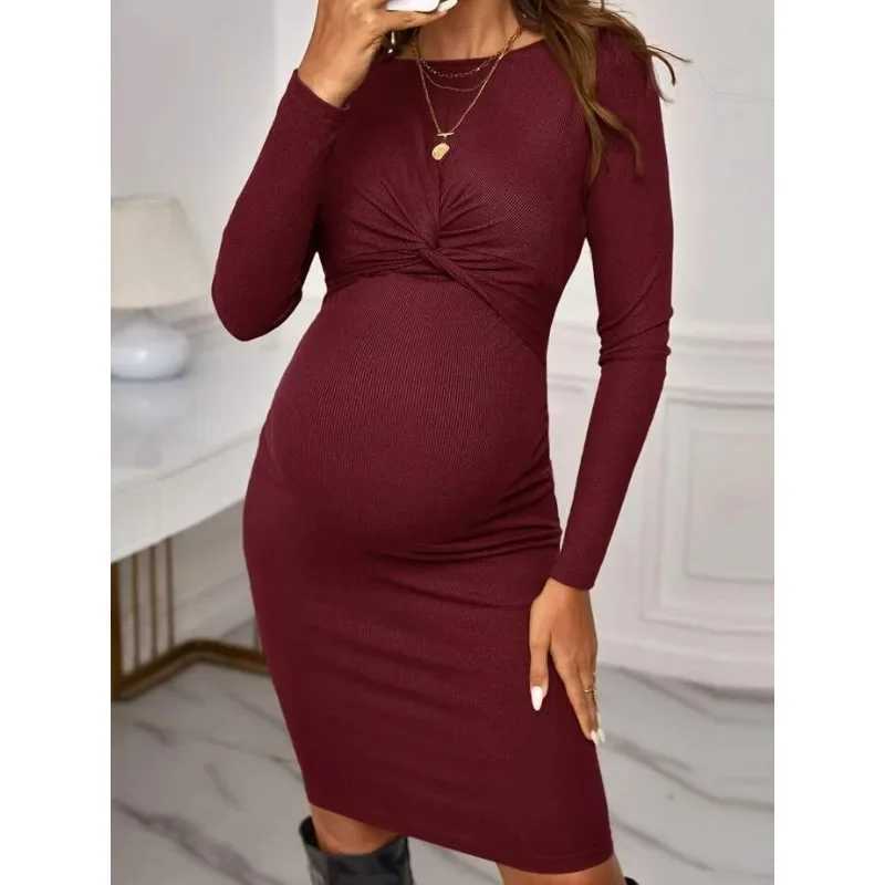 Hot selling round neck tight solid color short maternity dress long sleeved knitted maternity dress W241026