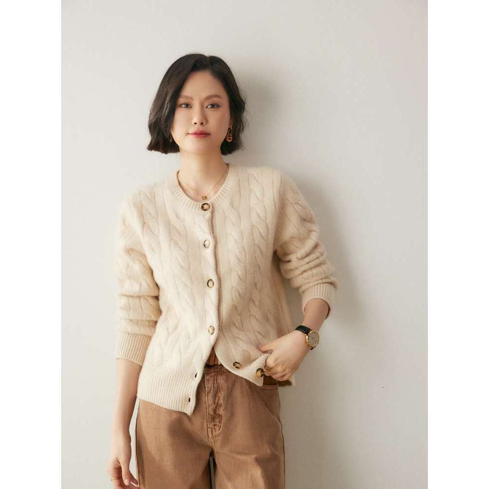 Women's 100% Sweater O-Neck Cable Knit Cardigan Autumn Winter Preppy Style Cashmere Knitwear Thickened Soft Female Tops