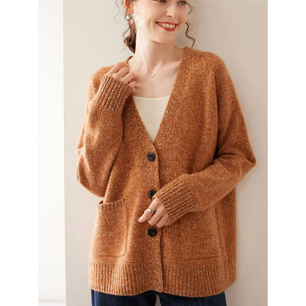New Chic Women V-Neck Cardigan Sweater Autumn Winter Thick Loose Casual 100% Cashmere Knitwear Coat Korean Clothes Tops