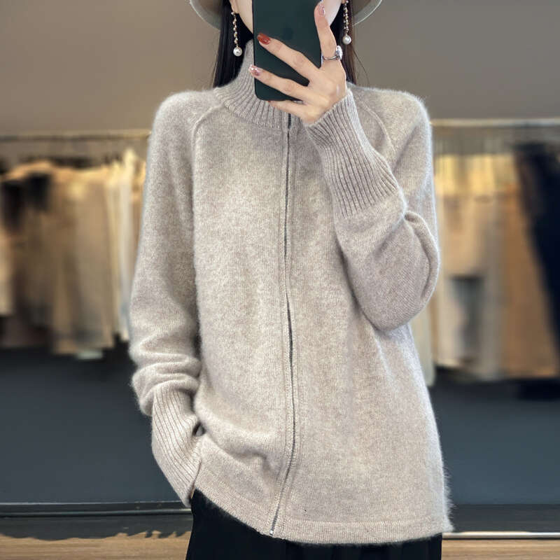 2024 New Chic Zipper Cardigan Spring Autumn Warm Long Sleeve 100% Merino Wool Fashion Knit Sweater Women Coat