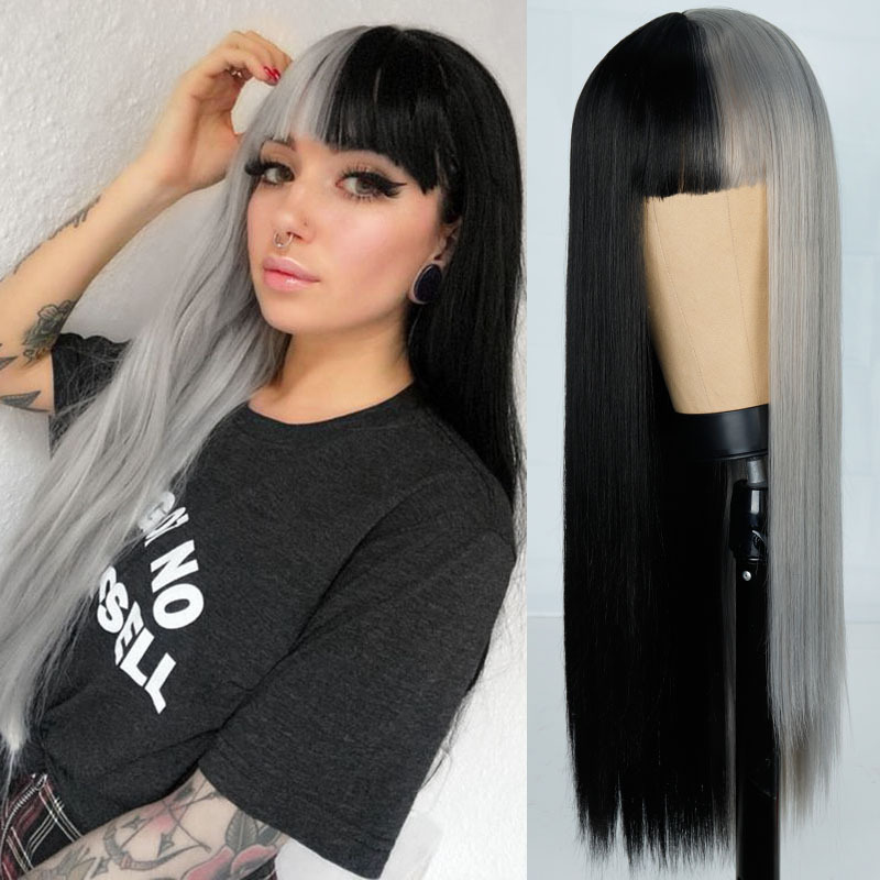 Wig for women long straight black and gray yin and yang colors fashion chemical fiber wig