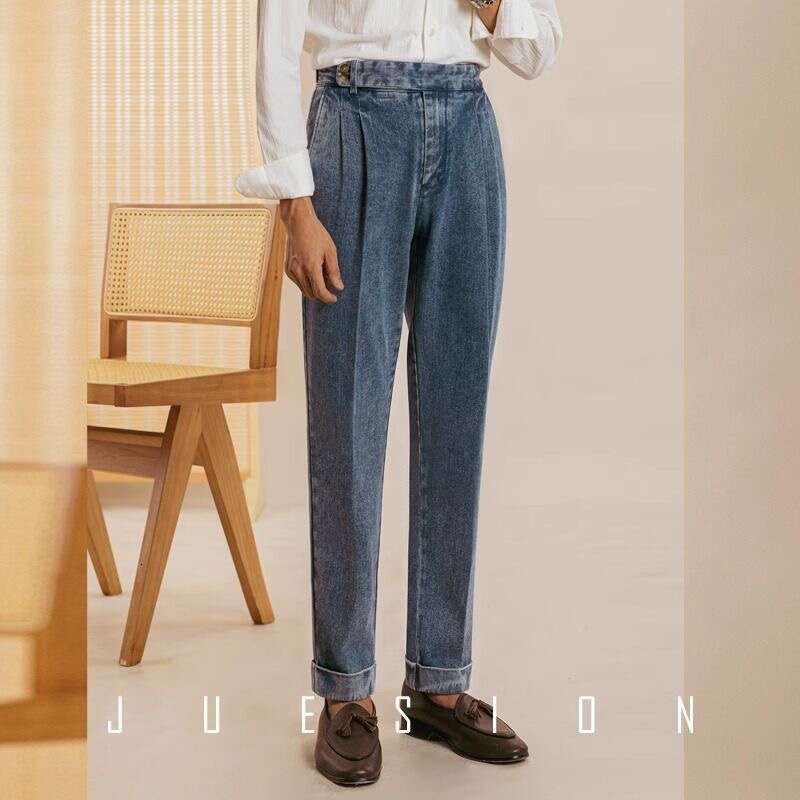 Men's Naples denim pants, English style double pleated waist button pants, business casual retro denim pants, street wear, gentlemen