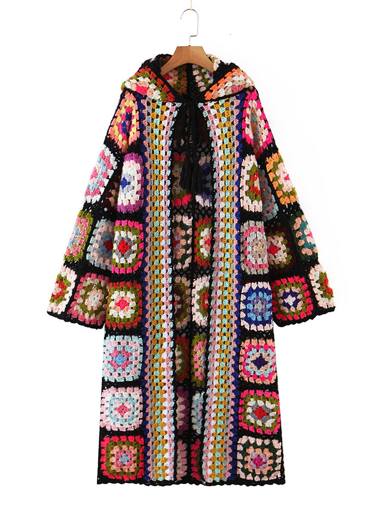 Gypsylady Vintage Handmade Kintted Multicolor Crochet Hooded Women Winter Cardigan Long Sweater Outerwear Coat