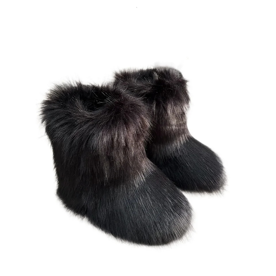 Winter Fur Onepiece Raccoon Fur Female Snow Boots Fur Shoes Outdoor Mid Leg Boots 241025