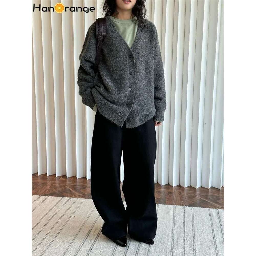 Hanorange 2024 Winter Relaxed Wool Looped Yarn Sweater Cardigan Women Thickened Warm Top Grey/Light Coffee